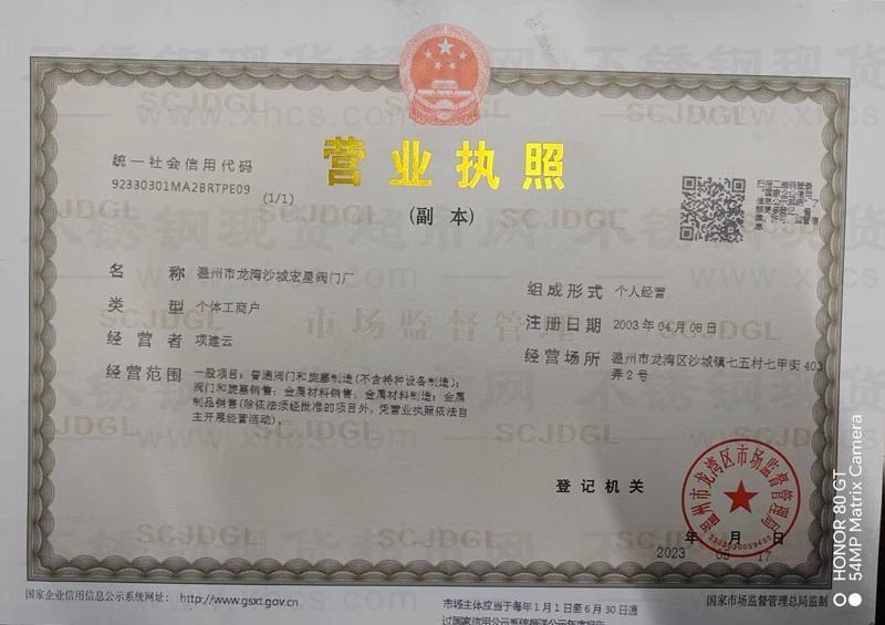 溫州市龍灣沙城宏星閥門廠營業(yè)執(zhí)照